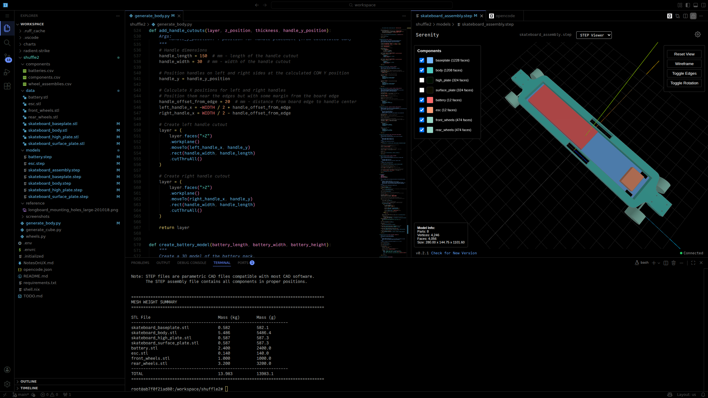 One Zero workspace showing VSCode with Python code and 3D CAD model visualization