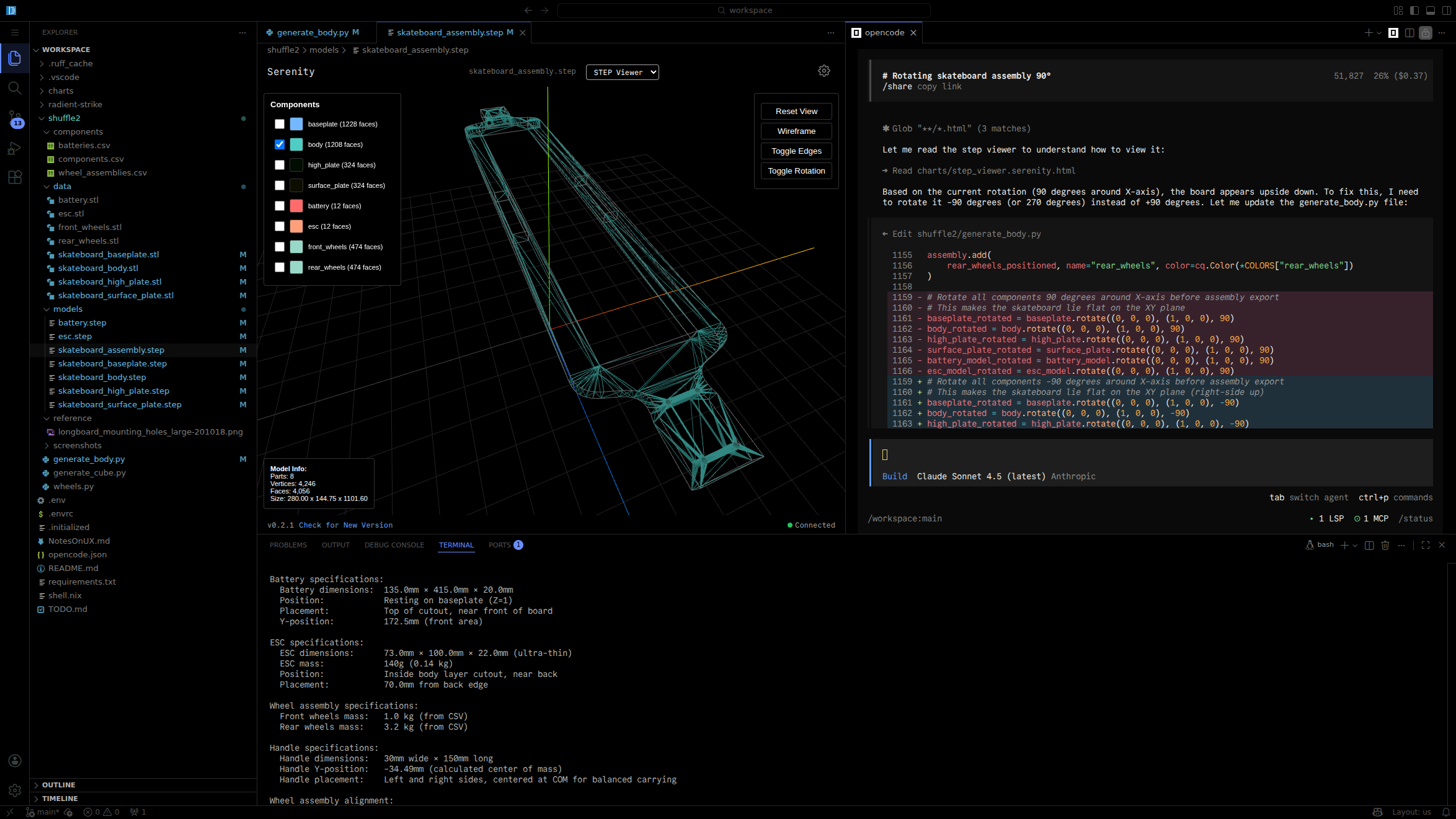 AI assistant chat interface helping user with engineering tasks and code generation in the workspace